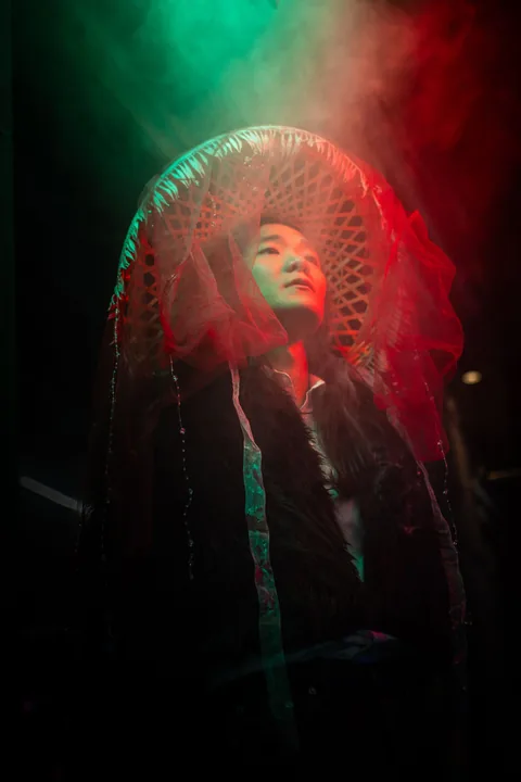 Licensed modern fashion portrait in green and red neon light