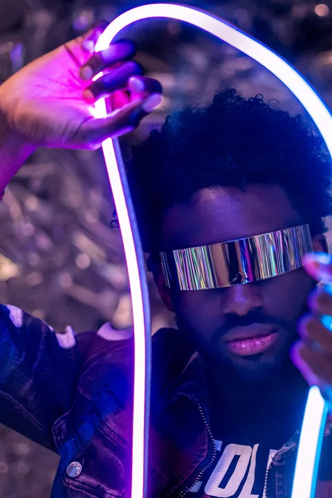Licensed futuristic portrait with a reflective illuminated visor