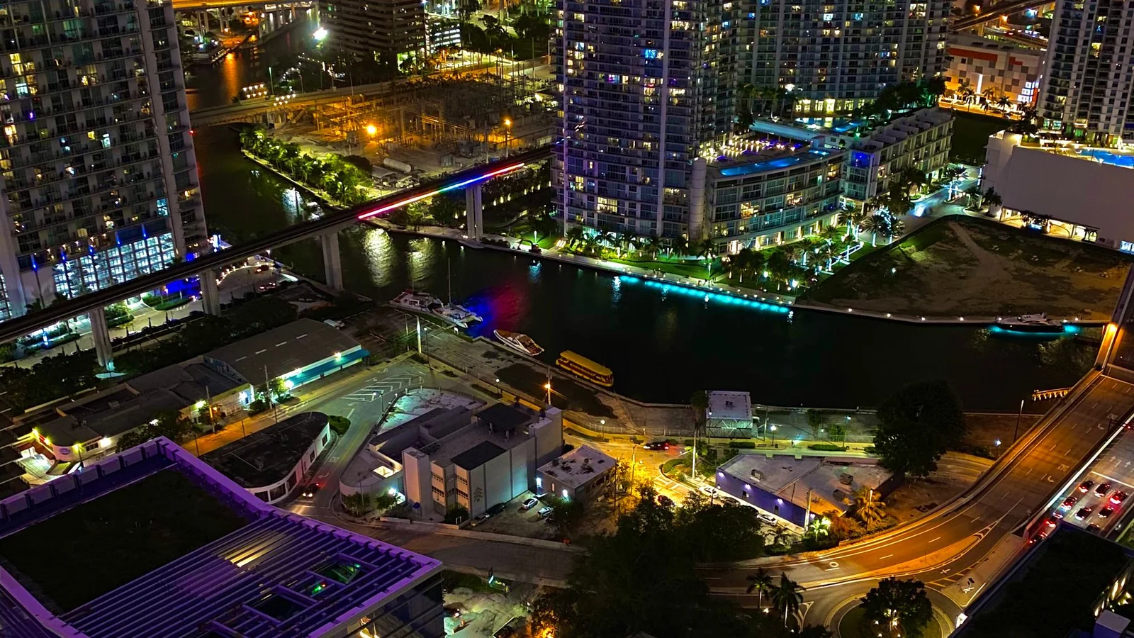 Vibrant Miami skyline glowing at night